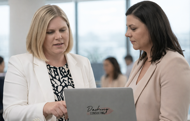 Strategisches Recruiting-Meeting bei Dashing Consulting mit Präsentation zu Active Sourcing und DashingGOLD auf einem Bildschirm.