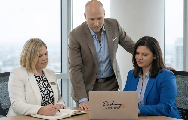 Drei Berater arbeiten gemeinsam an einem Laptop an der Ausarbeitung einer strategischen HR-Lösung im Rahmen von DashingPLATINUM. Caption: Operative Umsetzung und strategische Abstimmung innerhalb der DashingPLATINUM-Leistung.