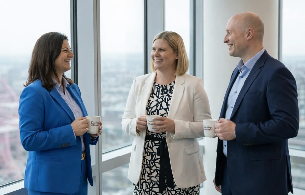 Drei Fachpersonen im informellen Austausch während einer Zusammenarbeit im Rahmen von DashingPLATINUM. Caption: Vertrauensvolle Zusammenarbeit auf Augenhöhe in der DashingPLATINUM-Beratung.