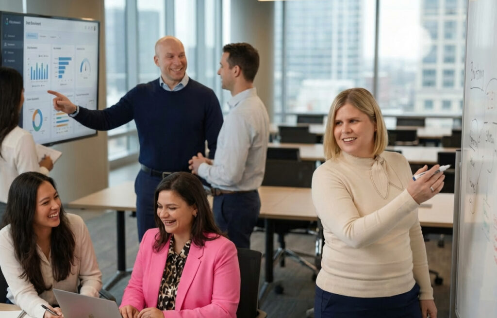 Team von Dashing arbeitet gemeinsam an Whiteboard und Analyse-Dashboard als Darstellung datenbasierter Executive-Recruiting-Strategien im Rahmen von DashingDIAMOND.