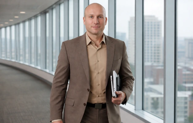 Business-Portrait eines Interim-HR-Managers von Dashing Consulting im Bürogebäude im Rahmen einer Interim-HR-Mandatsübernahme.