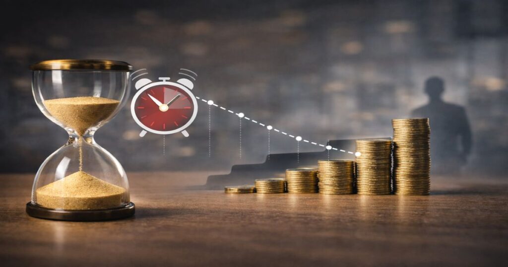 Sanduhr, Uhrsymbol und aufsteigende Münzstapel als visuelle Darstellung des Zusammenhangs zwischen Zeit, Kosten und Time to Hire im Recruiting bei Dashing.