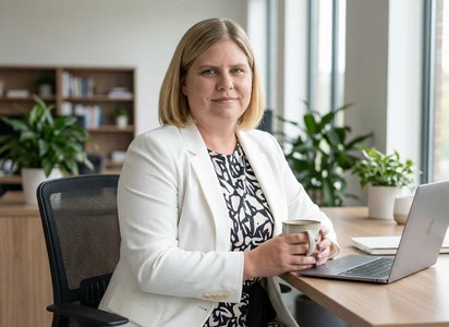 Mitarbeiterin von Dashing Consulting sitzt am Schreibtisch mit Laptop – Geschäftsführerin mit Fokus auf effiziente Time-to-Hire Prozesse.