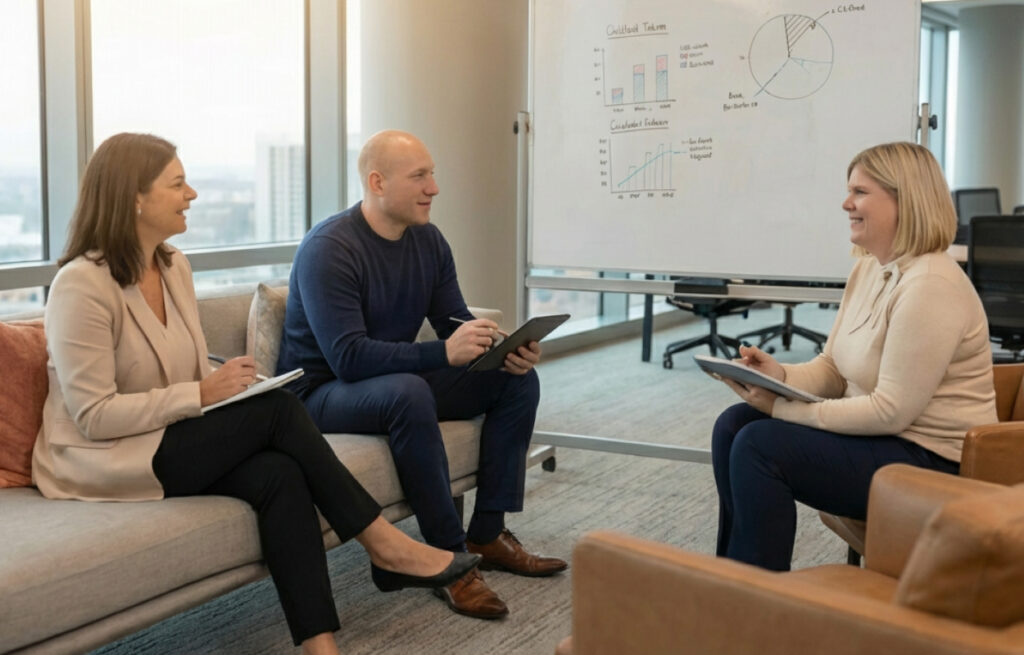 Beratungsgespräch zwischen Dashing-Beraterinnen und -Beratern mit Analyse von Kennzahlen als Darstellung strategischer Executive-Recruiting-Prozesse im Rahmen von DashingDIAMOND.