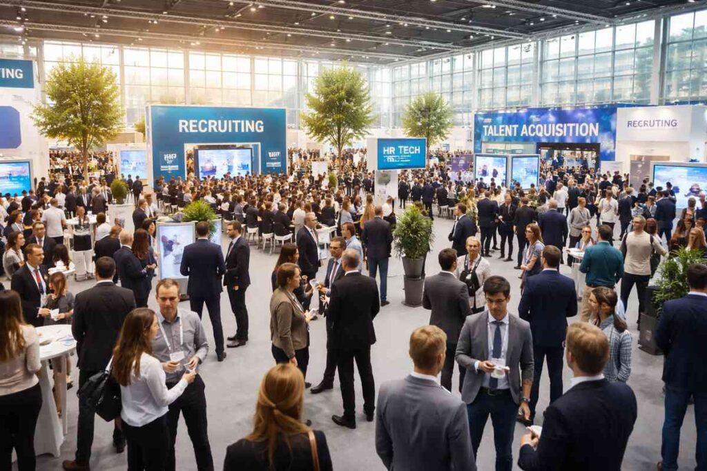 Große Fachmesse für Recruiting und HR mit vielen Fachbesuchern im Gespräch, Ausstellungsständen zu Recruiting, Active Sourcing und HR-Technologien in einer modernen Messehalle.