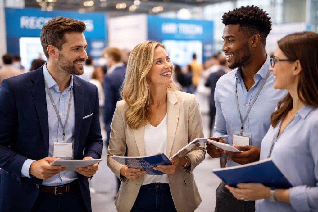 Fachbesucherinnen und Fachbesucher im Gespräch auf einer Recruiting- und HR-Messe, halten Informationsmaterial in einer modernen Messehalle.