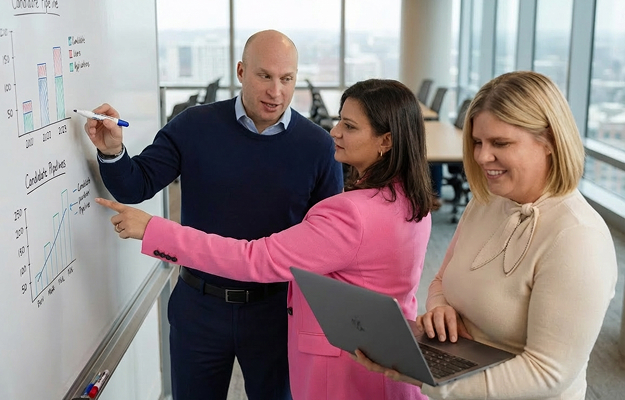 eam von Dashing analysiert gemeinsam Daten und Diagramme an einem Whiteboard als Darstellung kollaborativer Beratung und strukturierter Recruiting-Expertise.