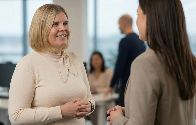 Zwei Beraterinnen von Dashing im persönlichen Austausch in einem Büro als Darstellung vertrauensvoller Zusammenarbeit und professioneller Recruiting-Beratung.