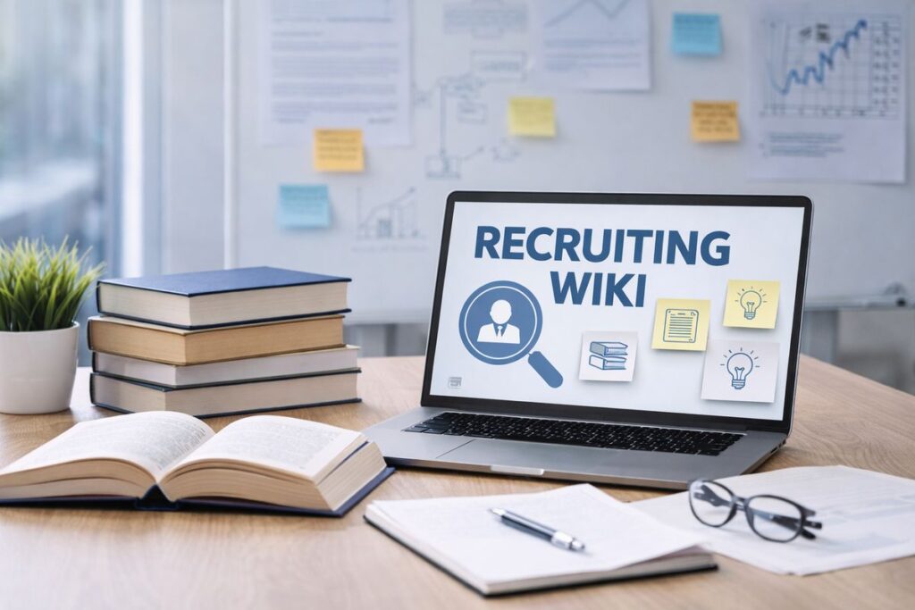 Schreibtisch mit geöffnetem Laptop, auf dem eine Übersicht zum Recruiting-Wiki angezeigt wird, daneben Fachbücher, Notizen und Arbeitsmaterialien in einer ruhigen Büroumgebung.