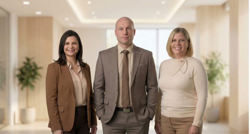 Team von Dashing Consulting mit Aylin, Daniel und Melissa in einem modernen Büro – persönliche Beratung und transparentes Recruiting für planbare Ergebnisse.