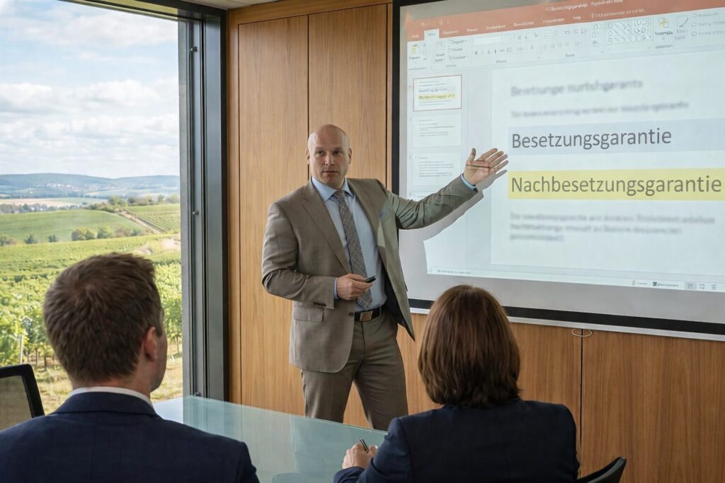 Mann aus dem Team von Dashing Consulting erklärt Inhalte zu Recruiting-Garantien vor einer Präsentation, während zwei Personen an einem Konferenztisch zuhören.