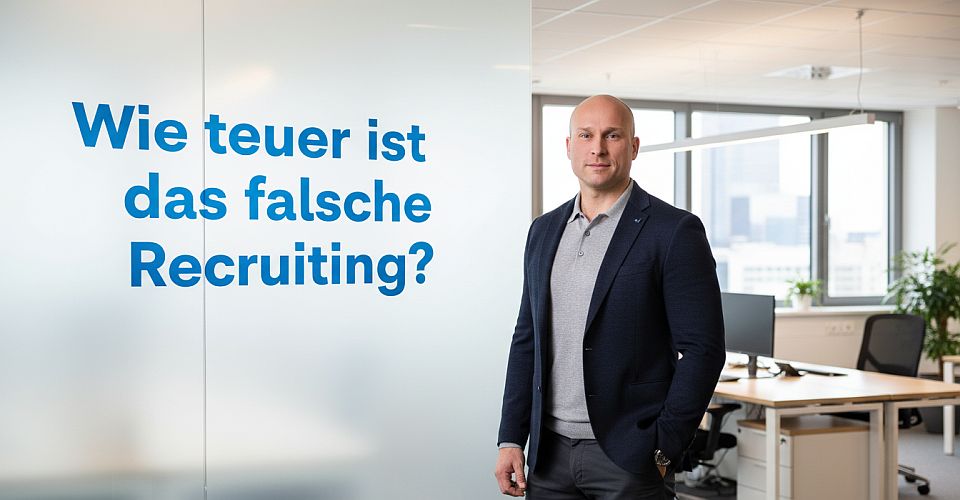 Mann aus dem Team von Dashing Consulting steht in einem Büro vor der Frage ‚Wie teuer ist das falsche Recruiting?‘ und führt in das Thema modernes Recruiting ein.